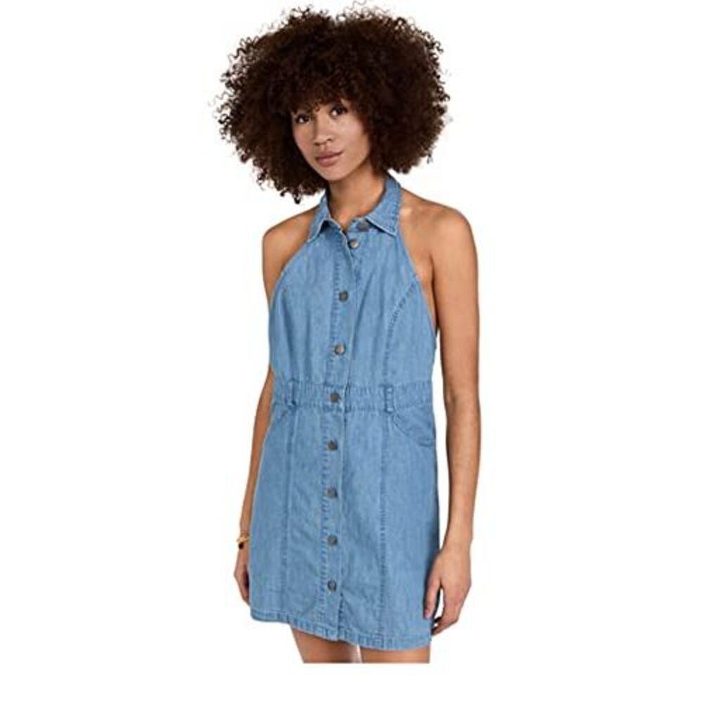 Free People Sami Open-back Mini Halter Dress In Bali Blue - M